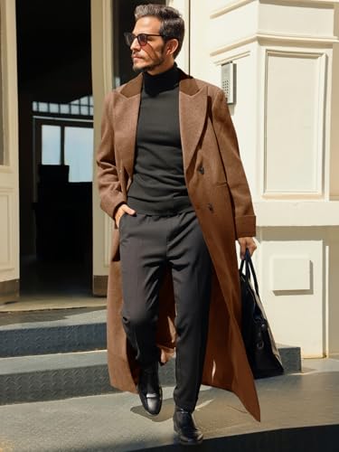 Runcati Mens Full Length Trench Coat Notched Lapel Long Jacket Double Breasted Classic Winter Overcoat