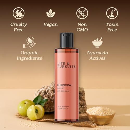 Life & Pursuits Bhringraj Hair Oil, 6.8 Fl Oz – Ayurvedic Hair Growth Oil for Men & Women, Natural Scalp Oil for Hair Fall, Dry Itchy Scalp, Frizzy Curly Hair, Weak Roots, Rosemary, Amla & Tea Tree