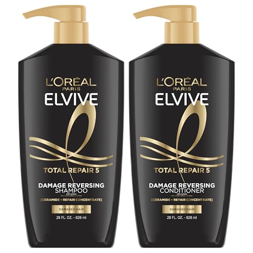 L'Oreal Paris Elvive Total Repair 5 Damage Reversing Shampoo and Conditioner Set for Dry and Damaged Hair, Hair Repair Formula with Protein and Ceramide, 56 Fl Oz Set
