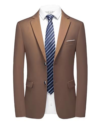MOGU Suit for Men, Solid Color Fit Formal 2 Piece Dress Tuxedo Set with Jacket, Pants, Tie (Large, Brown)