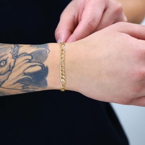 Nuragold 14K Real Yellow Gold Figaro Solid Link Chain Bracelet Men & Women - 8",5.5mm