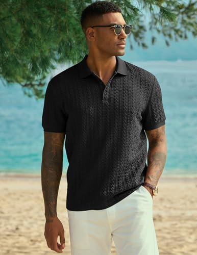 JMIERR Polo Shirts for Men Classic Fit Casual Ribbed Button Down Shirt Quiet Luxury Clothes Casual Collared Shirt, US43(L), Black