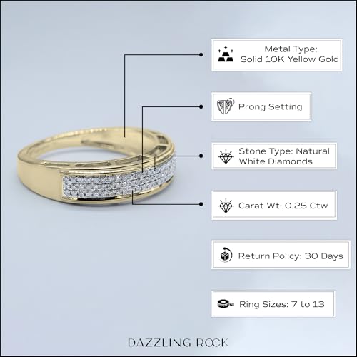 Dazzlingrock Collection 0.25 Ctw Natural Round White Diamond Three Row Micro Pave Wedding Band for Men in 10K Solid Yellow Gold, Size 10