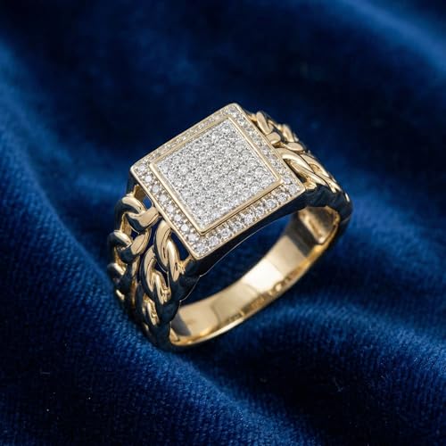 P3 POMPEII3 Pompeii 1/3Ct TW Diamond Men's Chain Cuban Link Ring 10k Yellow Gold 9mm Wide - Size 11