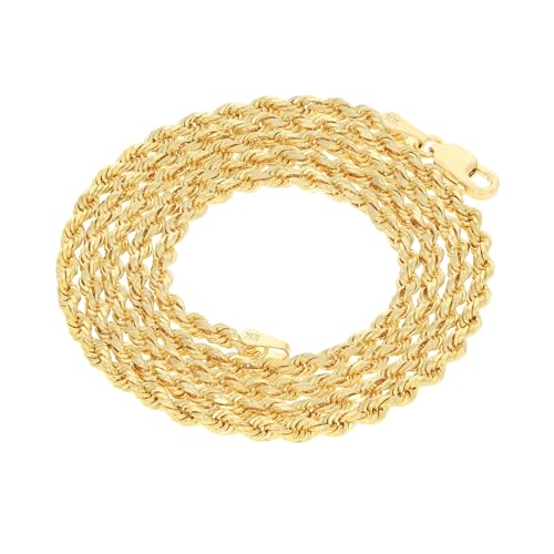 Nuragold 10k Real Yellow Gold Rope Chain Solid Diamond Cut Necklace - 3mm - 20"
