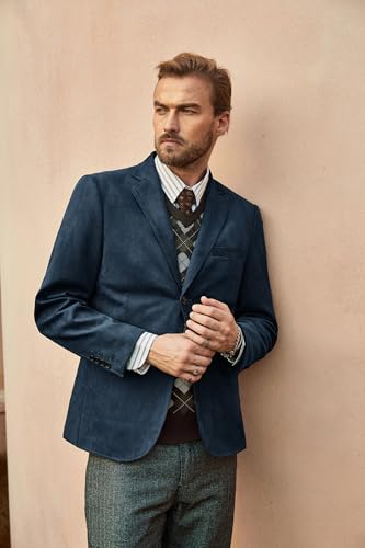 Mens Suede Blazer Single Breasted Sport Coat Business Slim Fit Two-Button Blazer Navy Blue L