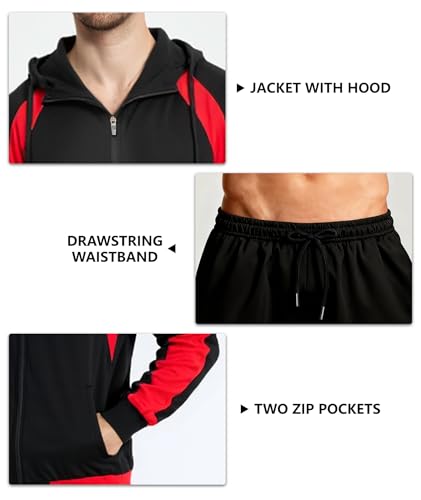 Little Beauty Men's Tracksuits Casual Sweat Track Suits Full Zip 2 Pieces Sweatsuits Long Sleeve Jogging Workout Sports Set Red Black,XL
