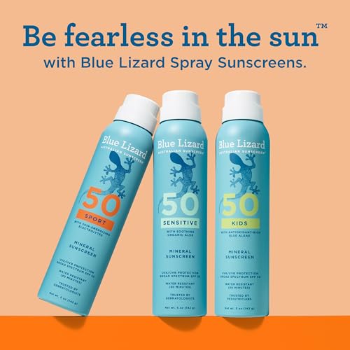 BLUE LIZARD Sport Mineral Sunscreen Spray SPF 50+, Dermatologist-Recommended Brand, Broad-Spectrum UVA/UVB Protection, Water-Resistant, Zinc Oxide Formula, Vegan, 5 fl oz