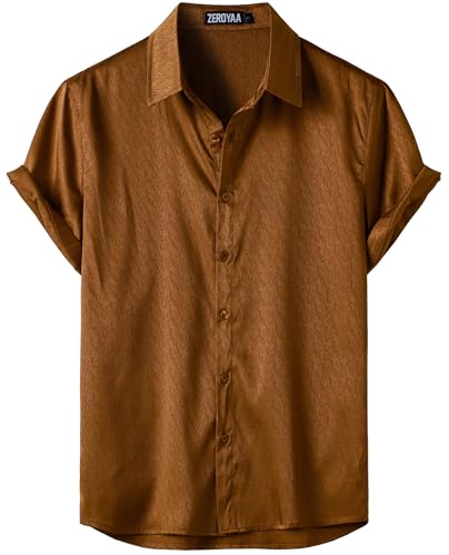 ZEROYAA Men's Luxury Shiny Satin Jacquard Shirt Modern Fit Short Sleeve Button Down Shirts for Summer Party Prom Brown Large