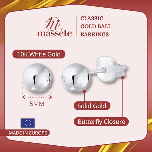 MASSETE 10k White Gold Ball Stud Earrings for Women and Girls Nickel Free 5mm