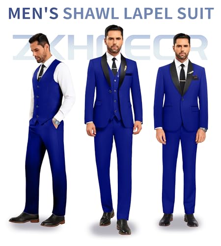 Mens Formal Suits Slim Fit Royal Blue Suit Jacket Vest Pants 3 Piece Set Solid Shawl Lapel Tuxedo Suits for Men Wedding Homecoming Prom Suit XL