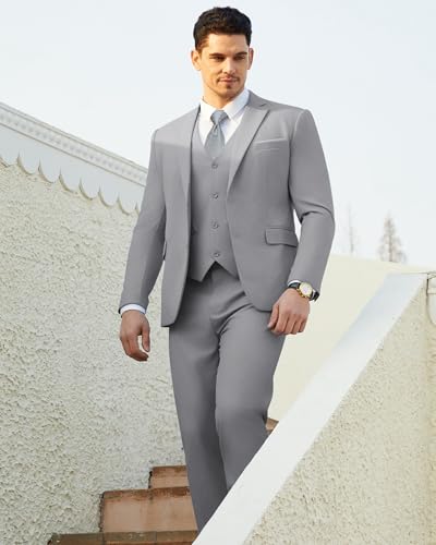 Saruit Men's Suits Slim Fit Tuxedo Suit Set 3 Piece 2-Button Solid Prom Wedding Party Blazer Vest Pants Light Grey