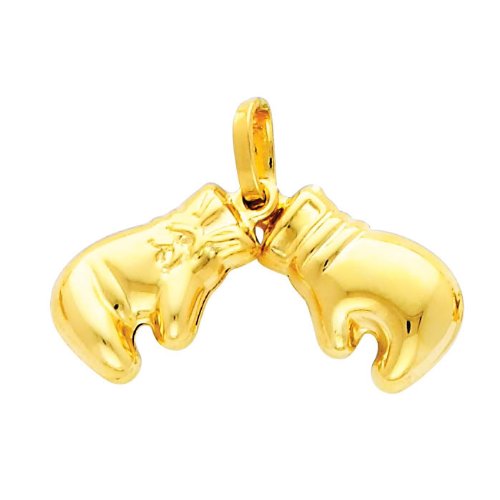 The World Jewelry Center 14k REAL Yellow Gold Double Boxing Glove Pendant with 1.5mm Flat Mariner Chain Necklace - 16"