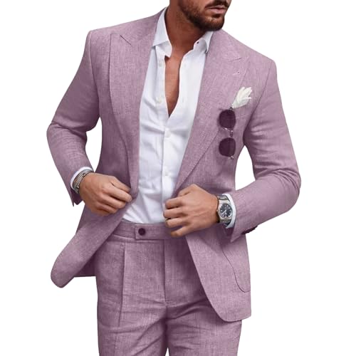 Diaryan Linen Men Suits Casual Tuxedo Regular Fit Lilac 2 Piece Blazer One Button Formal Jacket Pants for Wedding Party L