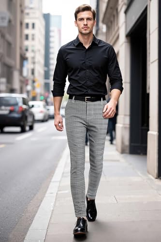 GINGTTO Mens Slim Fit Dress Pants Stretch Plaid Grey Chino Pants Men Skinny Checkered Tapered Slacks 32W x 30L