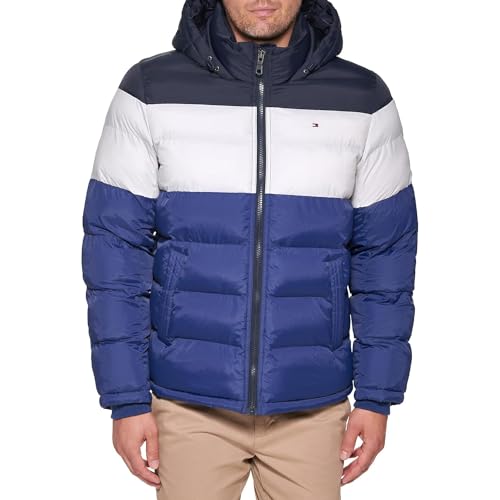 Tommy Hilfiger mens Hooded Puffer Jacket Down Alternative Coat, Bluebell Color Block, Large US