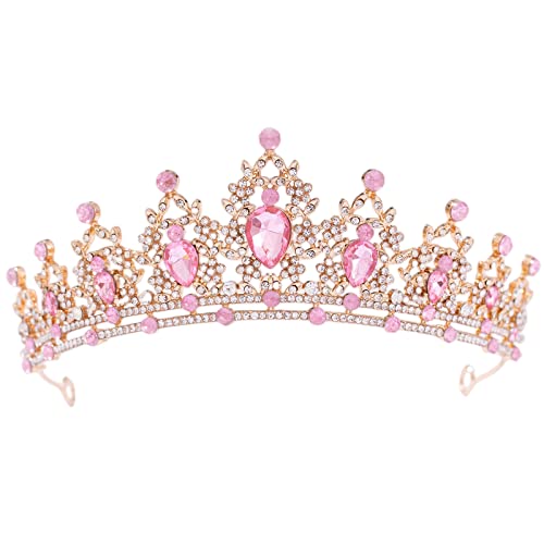 FORSEVEN Pink Crystal Tiaras Crowns for Women Wedding Birthday Halloween