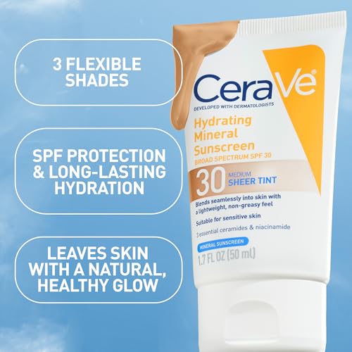 CeraVe Tinted Sunscreen for Face, Mineral SPF 30 Moisturizer, Medium, 1.7oz