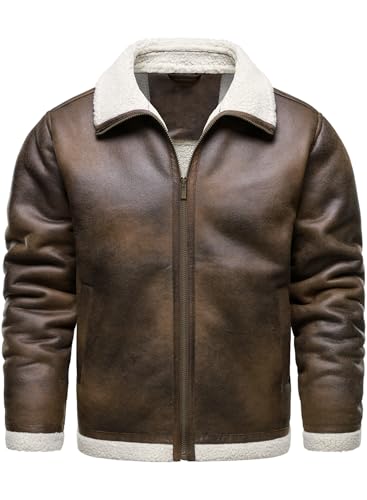 HOOD CREW Men’s Vintage Distressed Jacket Winter Warm Faux Shearling Leather Bomber Jackets Motorcycle Biker Coats Brown M