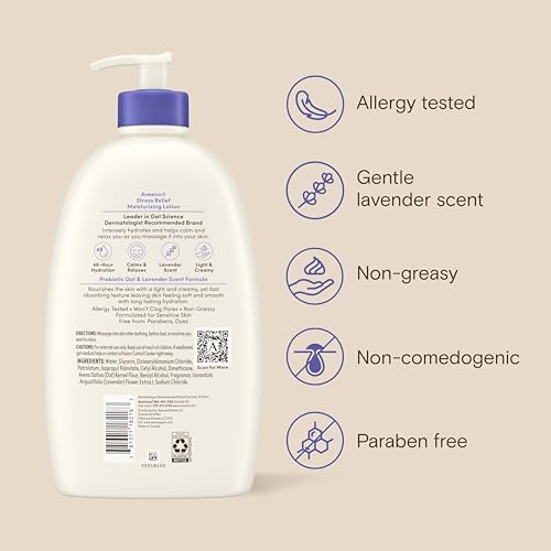 Aveeno Stress Relief Moisturizing Body Lotion, Lavender Scent with Prebiotic Oat for Sensitive Skin, Lightly Scented Lotion with 48-Hour Hydration, Fast Absorbing, Non-Greasy, Value Size 33 Fl Oz