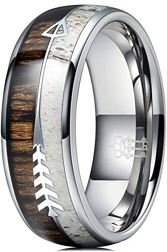 THREE KEYS JEWELRY Men Tungsten Wedding Band Wood&Arrow Inlay 8mm Size 11