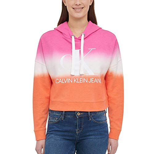 Calvin Klein Jeans Womens Monogram Logo Tie Dye Block Hoodie (Sherbert Combo, X-Large)