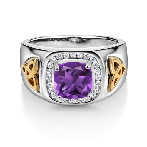 Gem Stone King Two-Tone Cushion Cut Ring for Men | Amethyst | 7