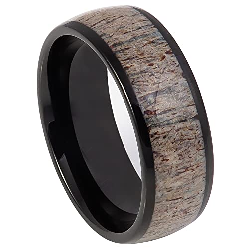Tungsten King High Polished Domed Black Ion-Plated Real Deer Antler Inlay Ring Comfort Fit Tungsten Carbide 8mm Wedding - Anniversary Band - s9.5