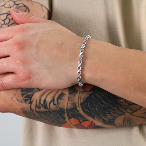 Nuragold 14k Real White Gold 5mm Rope Chain Diamond Cut Bracelet (7"-9") - 7.5"