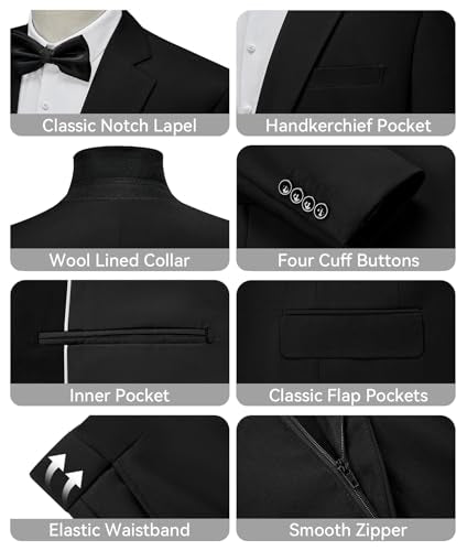 WEEN CHARM Men's Suits Slim Fit 2 Piece Black Tuxedo Two Button Wedding Groom Prom Party Blazer Pants Set
