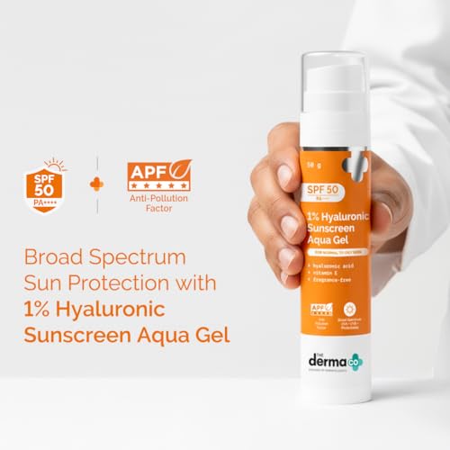 The Derma Co 1% Hyaluronic Sunscreen Aqua Gel with SPF 50 & PA++++ | Broad Spectrum UVA/B & Blue Light Protection | Lightweight & Quick Absorbing with Vitamin E | 1.76 Oz/50g