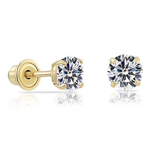 14k Yellow Gold Solitaire Round Cubic Zirconia Stud Earrings Screw-back 4mm