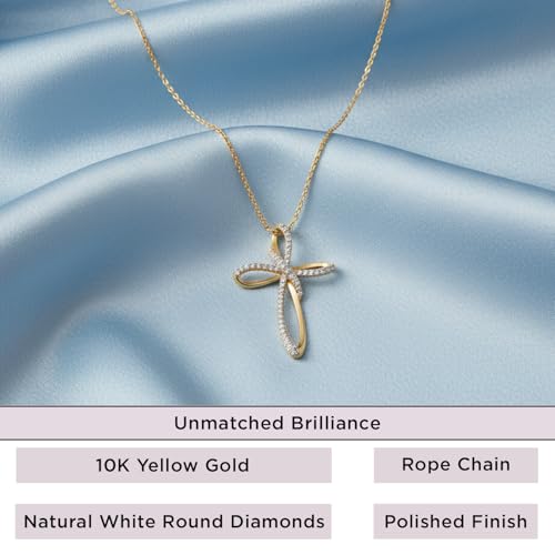 Jewelili 10K Yellow Gold Cross Necklace for Women, 18" Rope Chain
