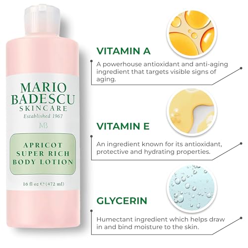 Mario Badescu Apricot Super Rich Body Lotion Enriched with Vitamins A and E - Delicately Scented Lotion with Nourishing, Skin-Softening Formula - Ideal for All Skin Types, 16 Fl Oz