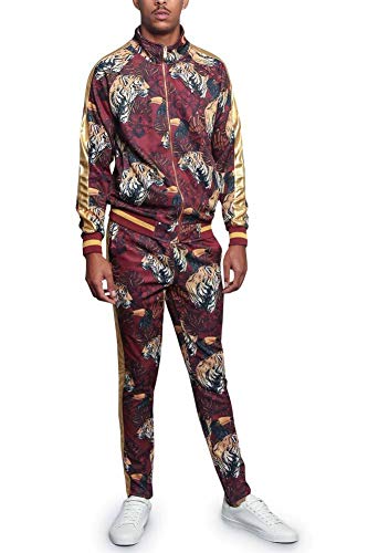 G-Style USA Men's Set Royal Floral Tiger Accent Track Suit ST559 - Burgundy - 2X-Large