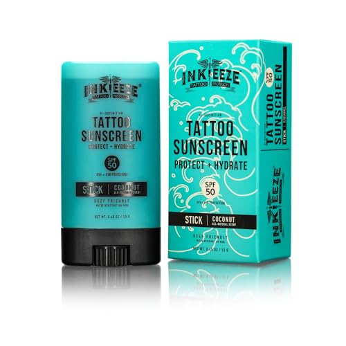INK-EEZE Tattoo Sunscreen Stick SPF 50, Ink Shield, UVA/UVB Blocking, Dries Clear, Ozone Reef Friendly, Vegan, Made in USA, Coconut, 0.5oz Stick