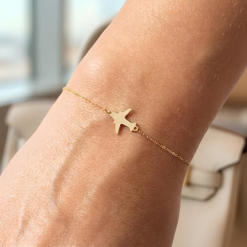Floreo 14k Yellow Gold 11.8mm Airplane Charm Link Bracelet, Adjustable 6.25"" - 7 Inch