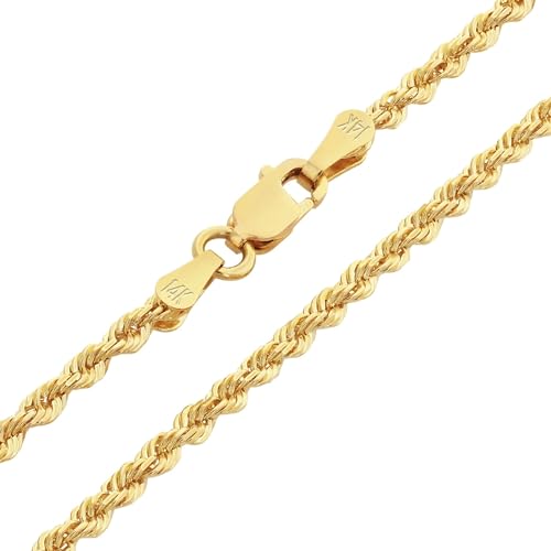 Nuragold 14k Real Yellow Gold Rope Chain Solid Diamond Cut Necklace - 1.8mm - 22"