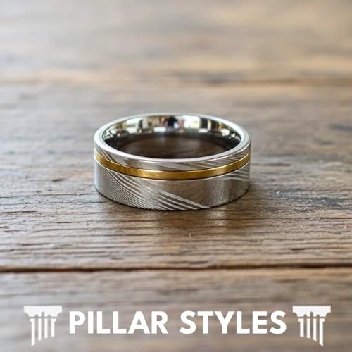 Silver Damascus Ring 14K Gold Mens Wedding Band Damascus Steel Ring with Yellow Gold Inlay 8mm Unique Two Tone Engagement Bands