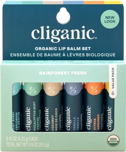 Cliganic Organic Lip Balm Set (6 Flavors) - 100% Natural Hydrating, Moisturizing for Dry Cracked Lips, Stocking Stuffer Gift for Men & Women
