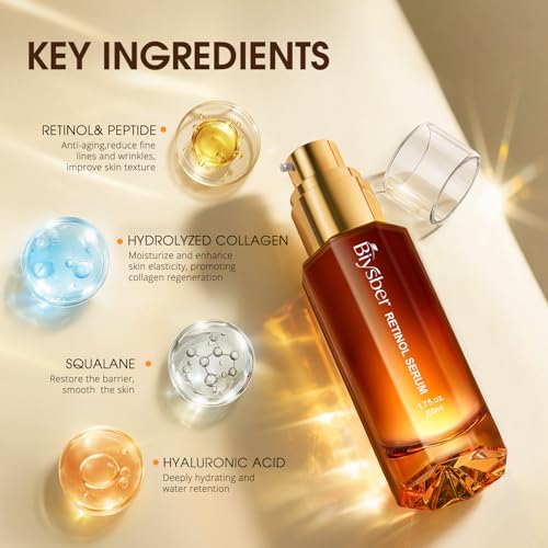 BIYSBER Retinol Collagen Serum for Face: Anti Aging &Anti Wrinkle Repair Peptide Serum with Hyaluronic Acid Boost Hydration-Day/Night Facial Firming Lifting Neck Skin Care for Women/Men(1.70 Fl Oz)