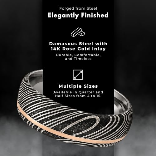 6mm Damascus Steel Men’s Wedding Ring – Rose Gold Inlay & Comfort Fit Band – Textured Black Grain – Custom Sizing Available (15)