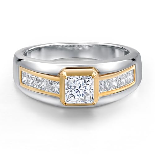 Gem Stone King Princess Cut Ring For Men | 5MM Princess Cut Gemstone Birthstone and 2.4MM Round Lab Grown Diamond | 925 Silver and 10K Yellow Gold | Available in Size 7-13