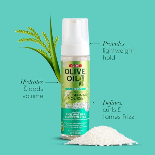 Olive Oil Max Moisture Super Soft Style Curl Defining Mousse infused with Rice Water & Electrolytes for Supercharged Hydration & Growth (7.0 oz)