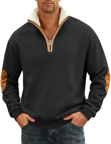 QOSOQ Men's Fleece Sweatshirts Vintage Quarter Zip Pullover shirt Casual Long Sleeve Sweatshirt warm tops Black