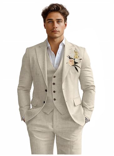 Mens 3 Piece Suits Linen Classic Fit Beige Tuxedo Suit for Wedding Lightweight Formal Business Blazer Jacket and Pants M