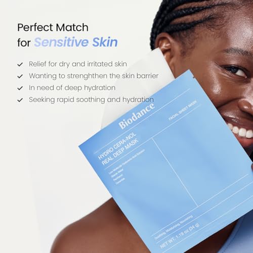 BIODANCE Hydro Cera-nol Real Deep Mask, Hydrating Overnight Hydrogel Face Mask, Moisturizing, Redness Reducing, Quick Soothing, After Sun Care, Sunburn Relief, Korean Skin Care |1.19oz(34g) x4ea