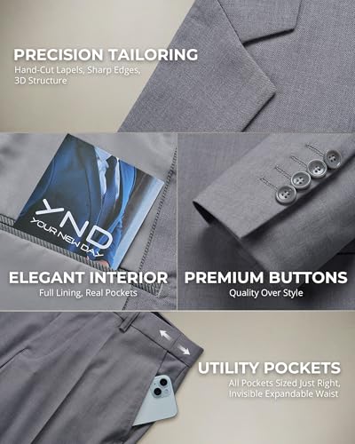 YND Men's 2 Piece Suit with Tie, One Button Slim Fit Solid Jacket and Pants Set, Suits for Men Prom Party Wedding & Business, Light Grey