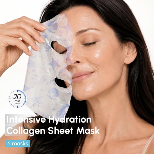 MAREE Collagen Facial Mask with Hyaluronic Acid — Sheet Face Mask Skincare — Centella Asiatica, Green & Red Algae Extract — Hydrating Facemask For Women Skin Care — Mascarillas Para La Cara — 6 Count