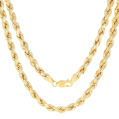 Nuragold 14k Real Yellow Gold Rope Chain Diamond Cut Mens Necklace - 7mm - 24"